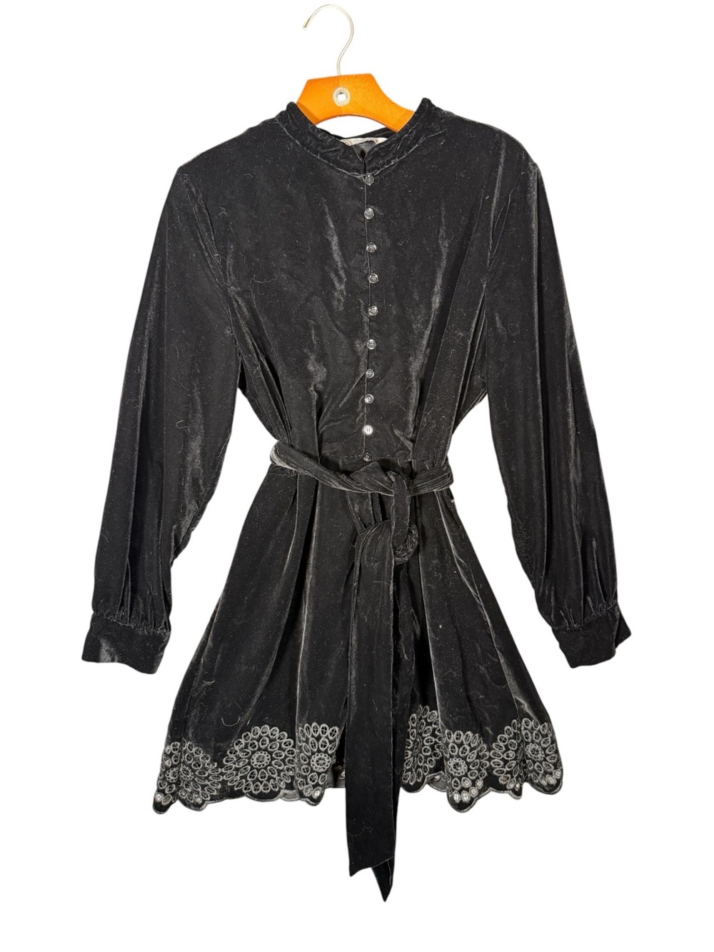 Zara Black Velvet Embroidered Mini Dress Long Sleeve Balloon Sleeve XL